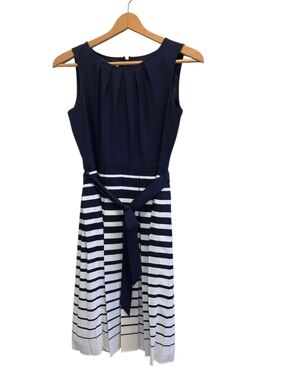 Talbots A-line Tank Dress Pleated Sleeveless Blue White Striped Lined Womens 4P